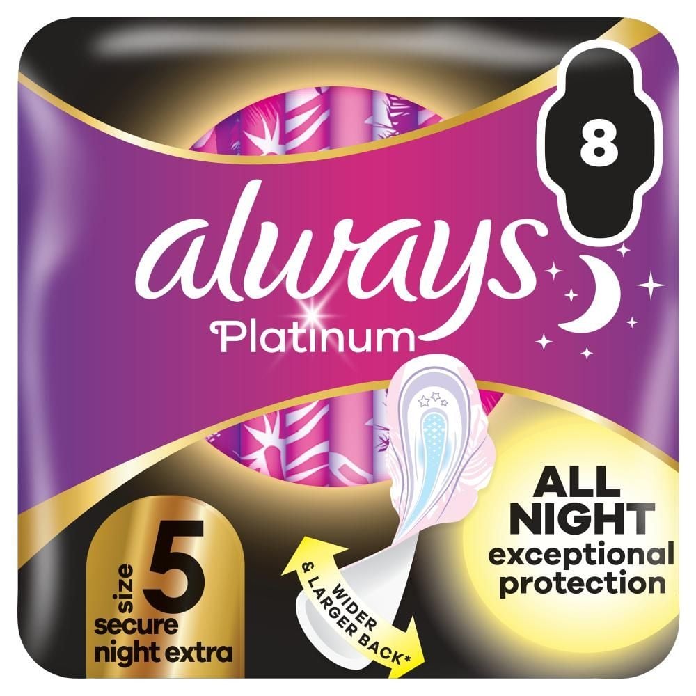 Always Platinum Podpaski ze skrzydełkami Secure Night Extra, 8 sztuk