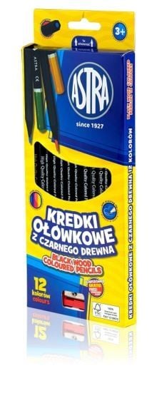 ASTRA Kredki ołówkowe heksagonalne z czarnego drewna 12 kolorów z temperówką