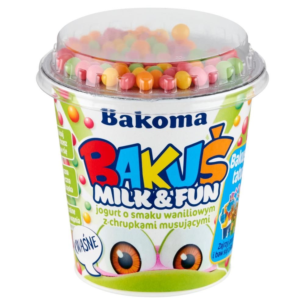 Bakoma Bakuś Milk & Fun Jogurt o smaku waniliowym z chrupkami musującymi 132 g