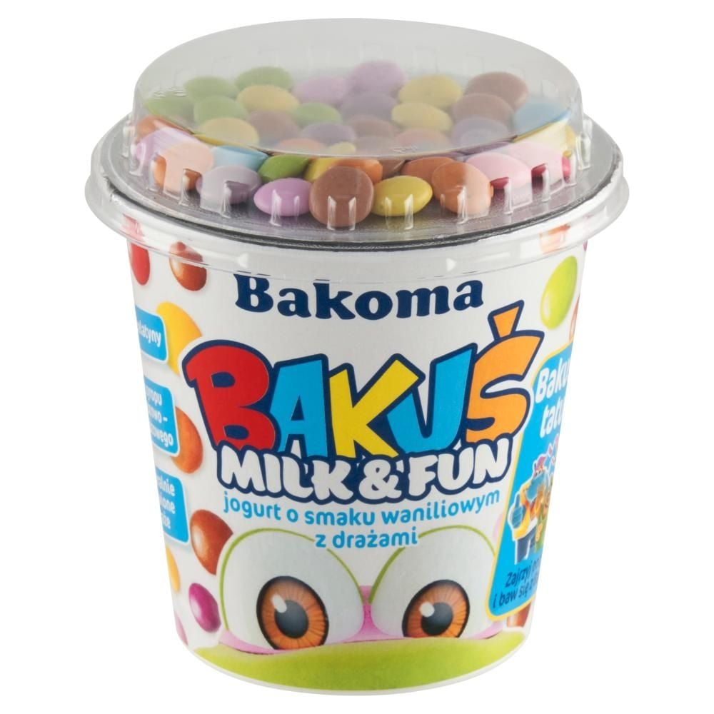 Bakoma Bakuś Milk & Fun Jogurt o smaku waniliowym z drażami 135 g