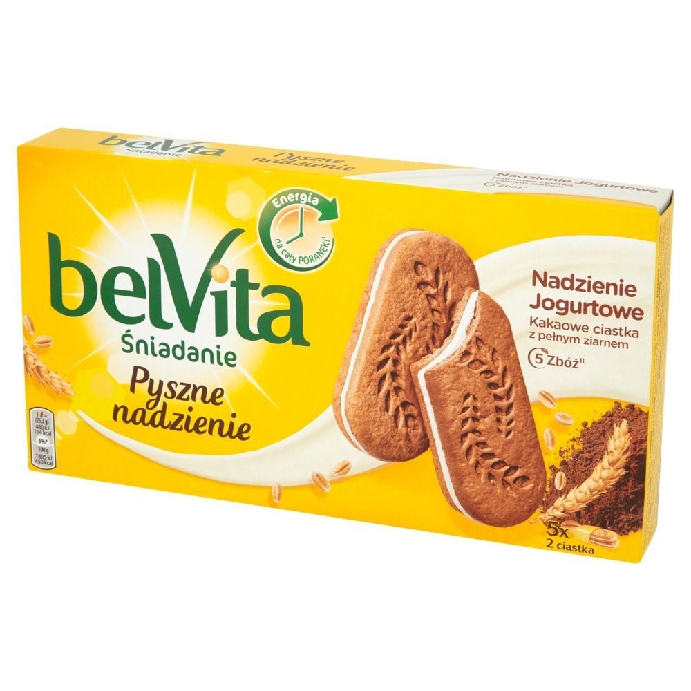 belVita Śniadanie Nadzienie jogurtowe Kakaowe ciastka z pełnym ziarnem 253 g (5 x 2 sztuki)