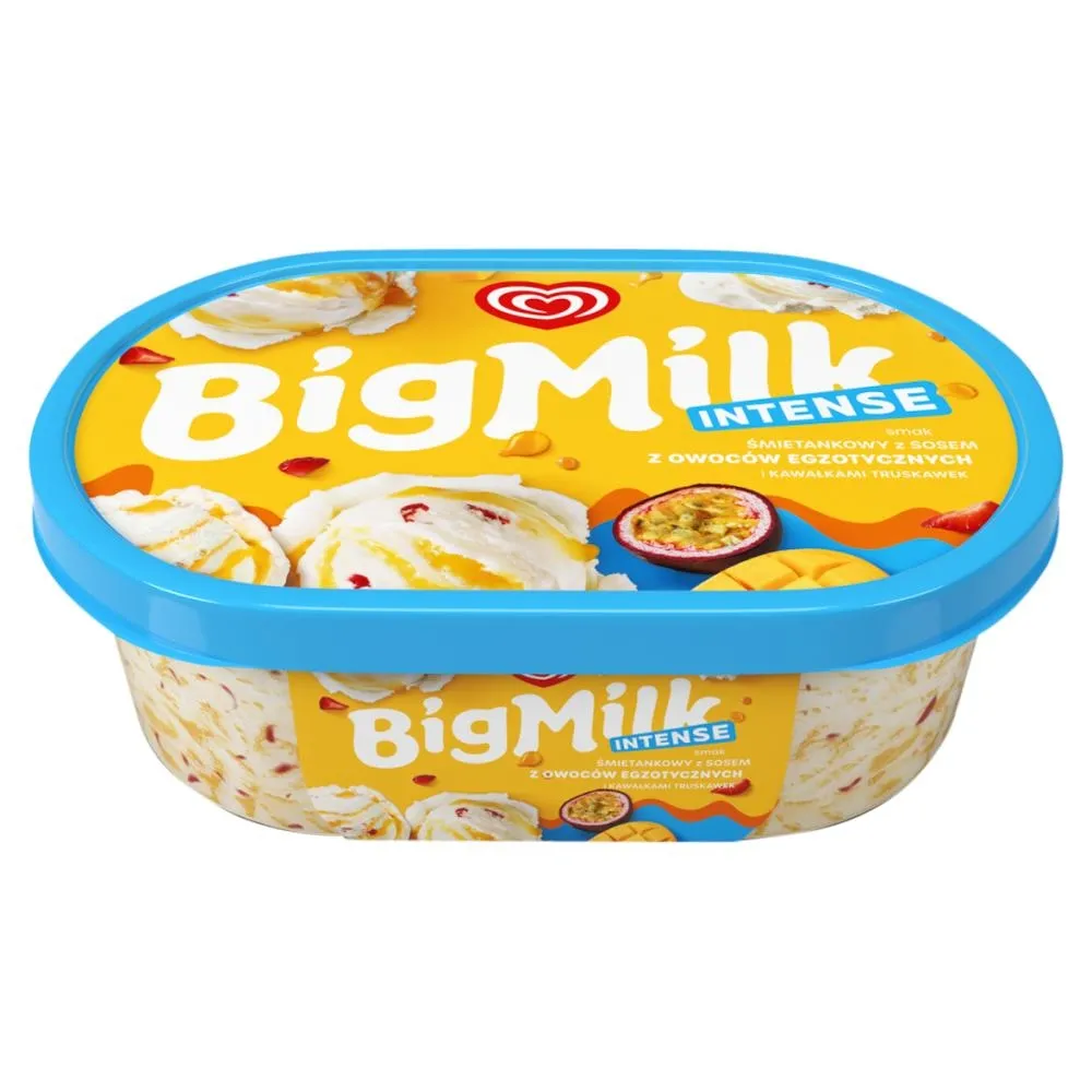 Big Milk Intense Lody smak śmietankowy z sosem z owoców egzotycznych i kawałkami truskawek 900 ml