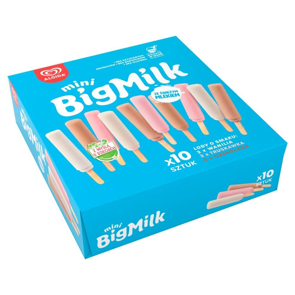 Big Milk Mini Lody o smaku wanilia truskawka czekolada 350 ml (10 x 35 ml)