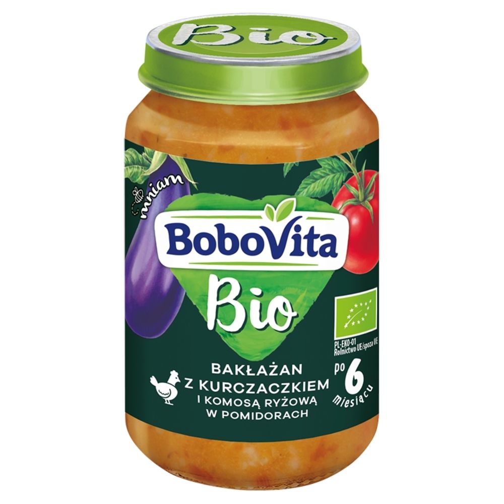 BoboVita Bio Bakłażan z kurczaczkiem i komosą ryżową w pomidorach po 6 miesiącach 190 g