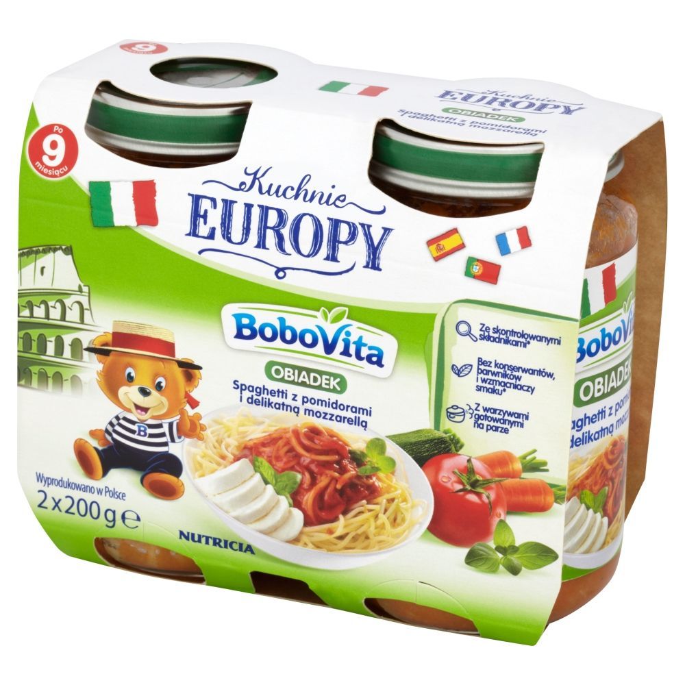 BoboVita Kuchnie Europy Obiadek Spaghetti z pomidorami i mozzarellą po 9 miesiącu 2 x 200 g