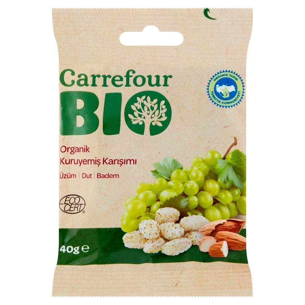 Carrefour Bio Ekologiczna mieszanka rodzynek migdałów i morwy suszonej 40 g