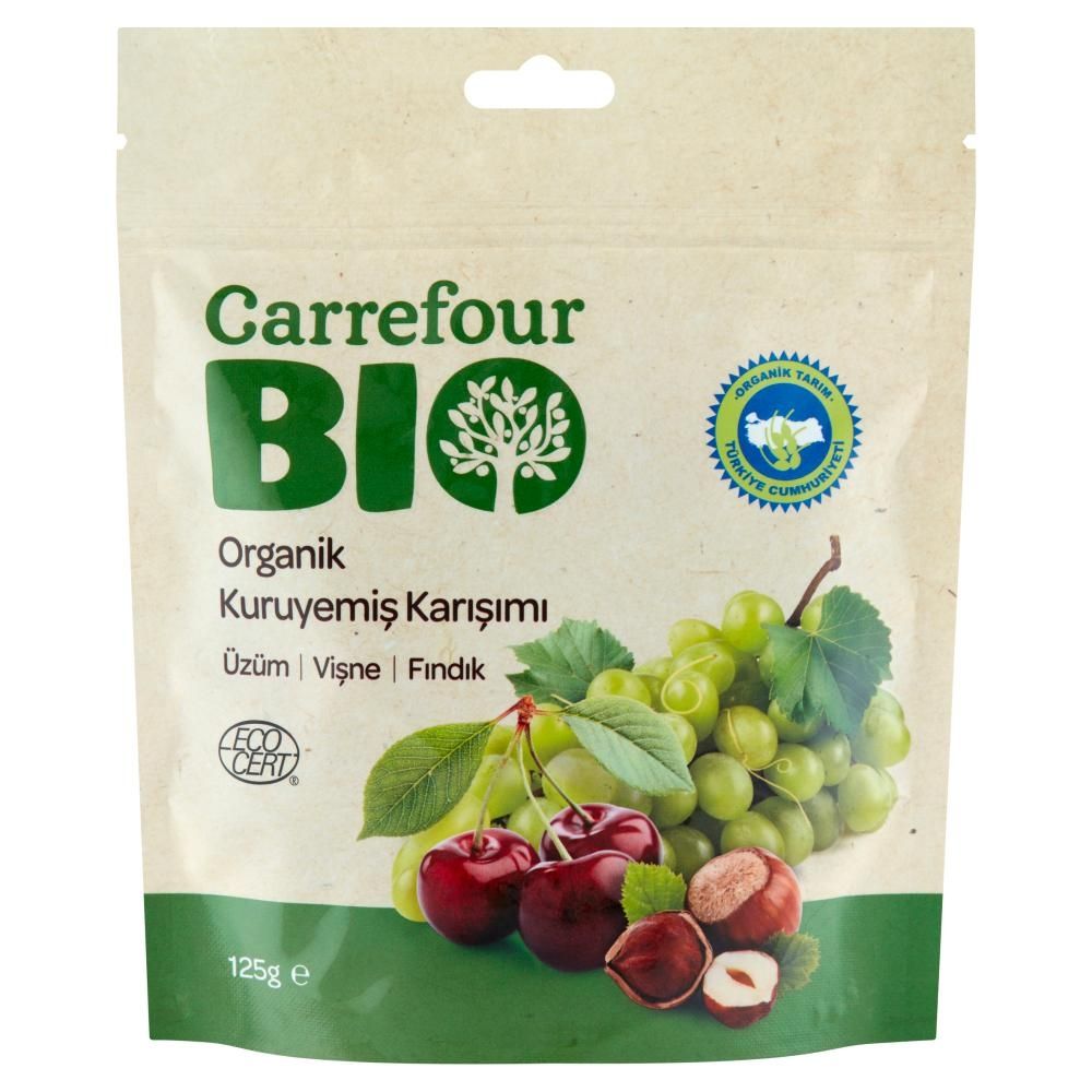 Carrefour Bio Ekologiczna mieszanka rodzynek orzechów laskowych i wiśni 125 g