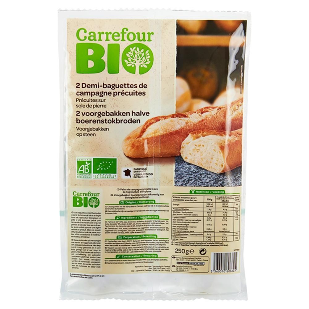 Carrefour Bio Ekologiczne pół-bagietki podpieczone w piecu kamiennym 250 g (2 x 125 g)