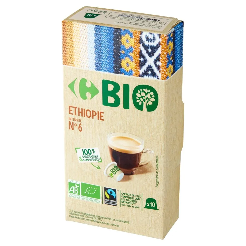 Carrefour Bio Etiopia Kapsułki ekologicznej kawy palonej mielonej 52 g (10 sztuk)