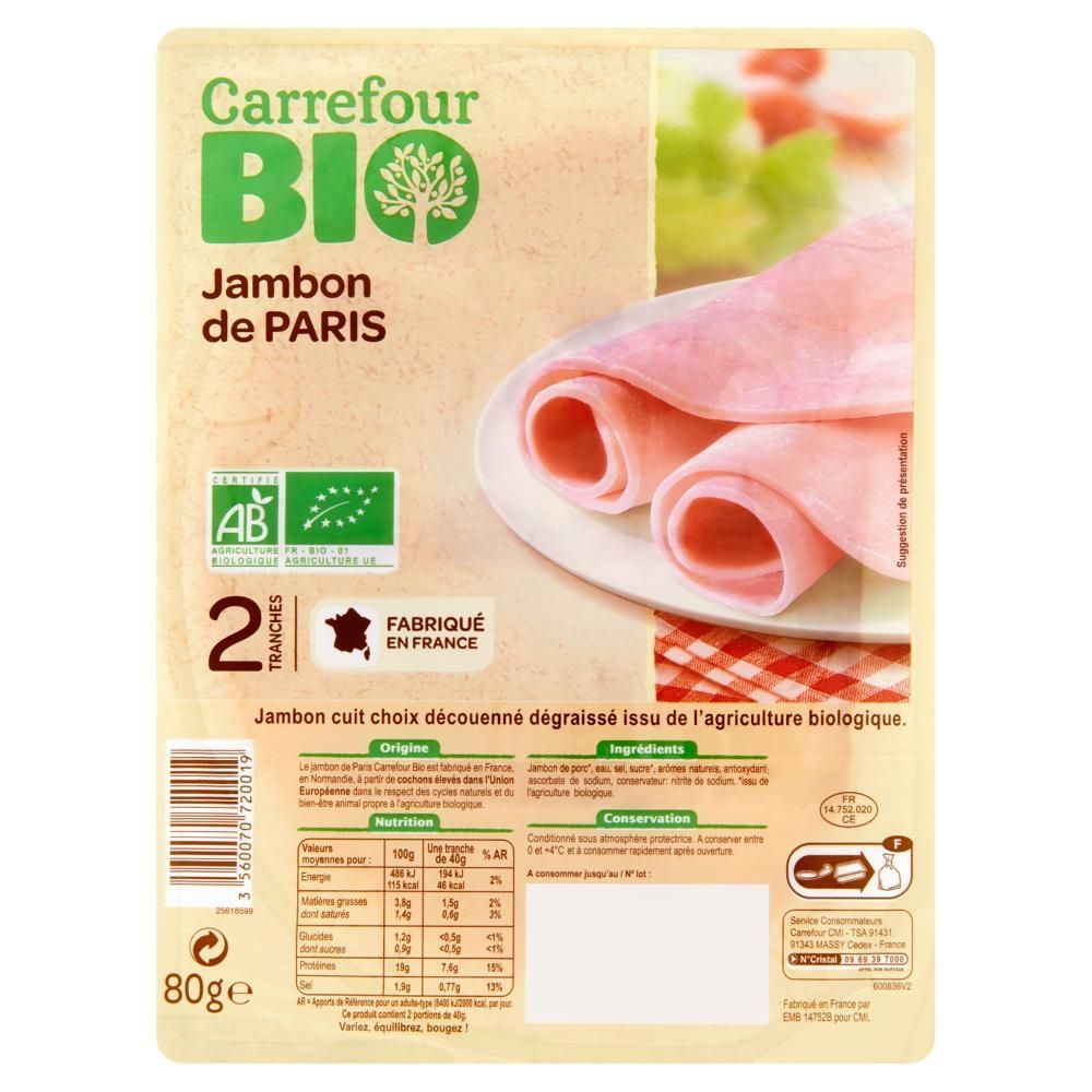 Carrefour Bio Jambon de Paris Ekologiczna szynka wieprzowa 80 g