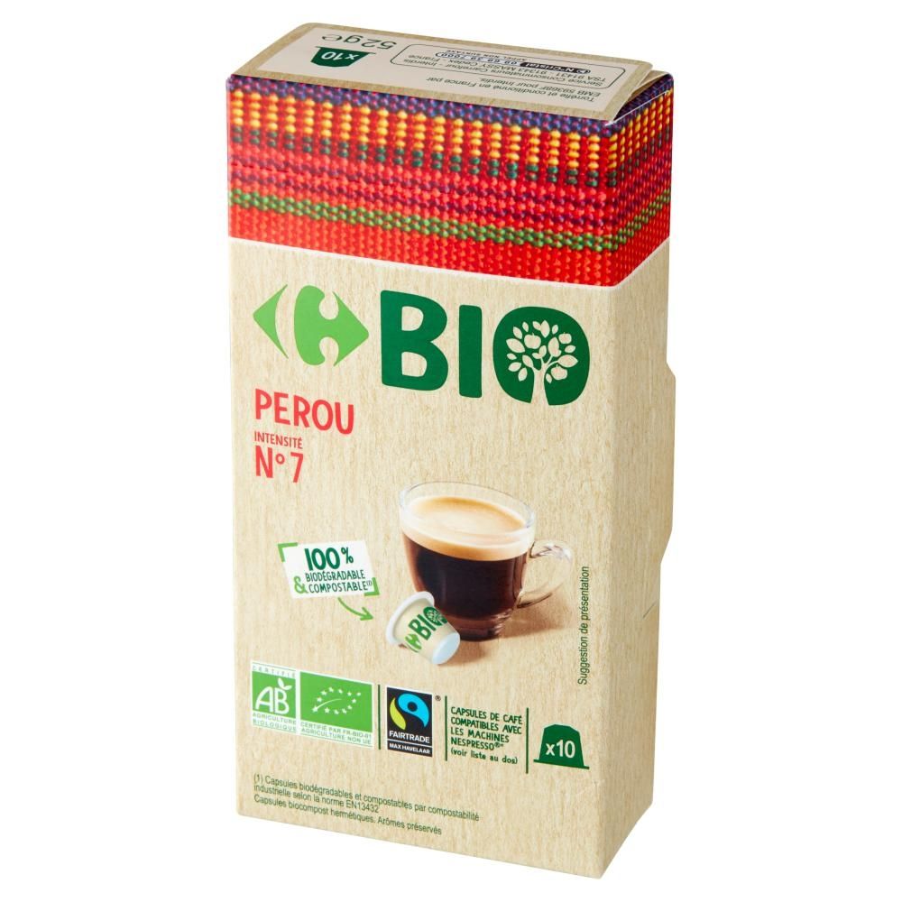 Carrefour Bio Peru Kapsułki ekologicznej kawy palonej mielonej 52 g (10 sztuk)