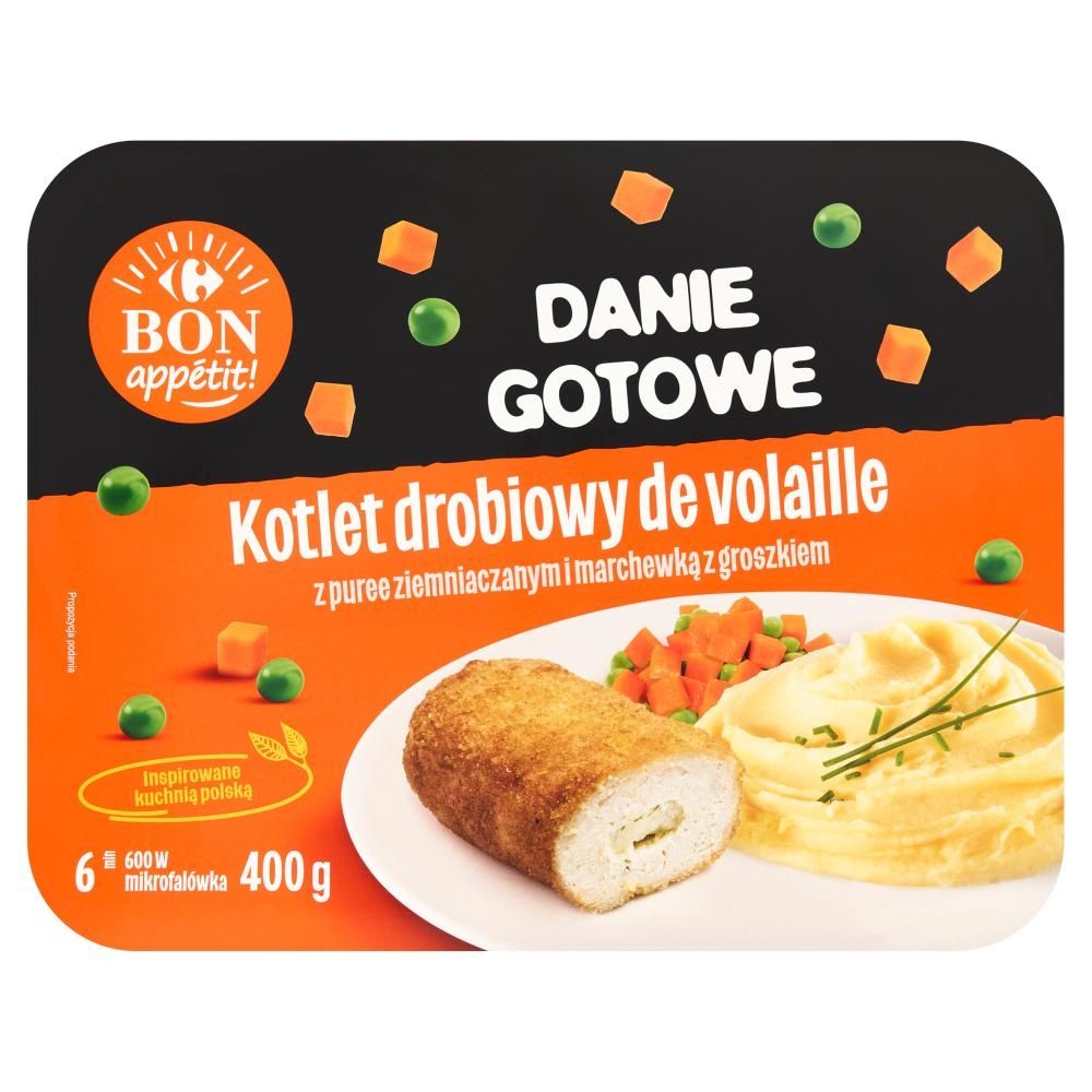 Carrefour Bon Appétit! Danie gotowe kotlet drobiowy de volaille z puree i marchewką groszkiem 400 g