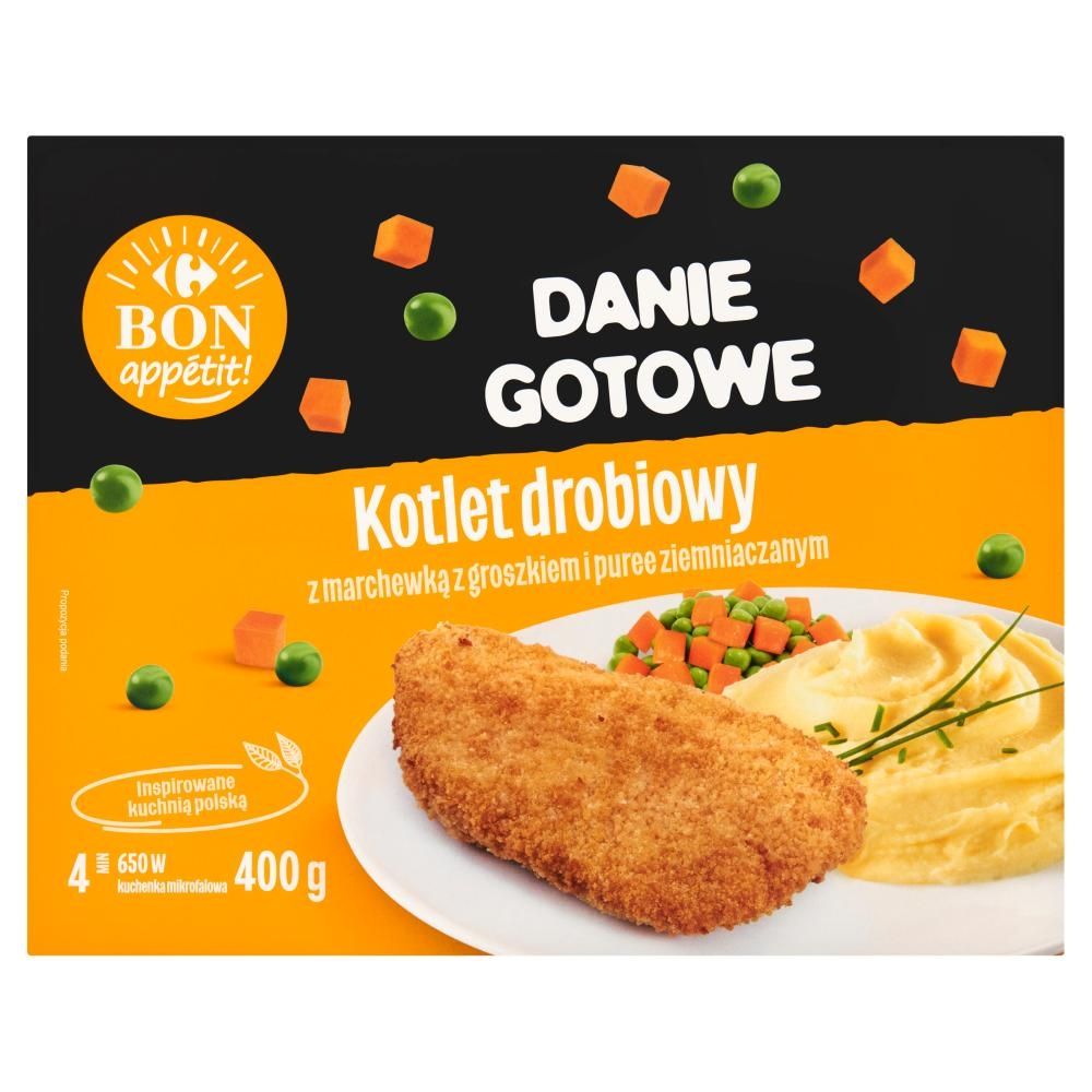 Carrefour Bon Appétit! Danie gotowe kotlet drobiowy z marchewką z groszkiem i puree 400 g