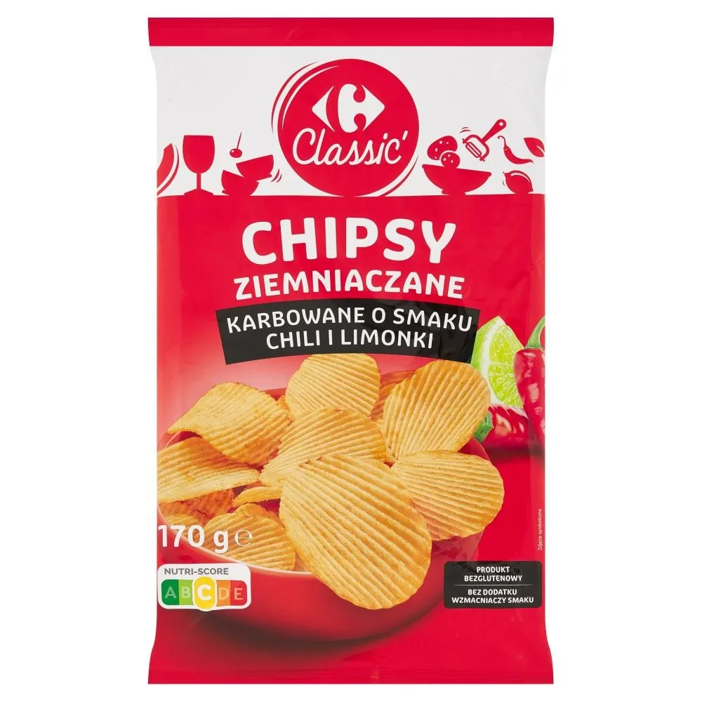 Carrefour Classic Chipsy ziemniaczane karbowane o smaku chili i limonki 170 g