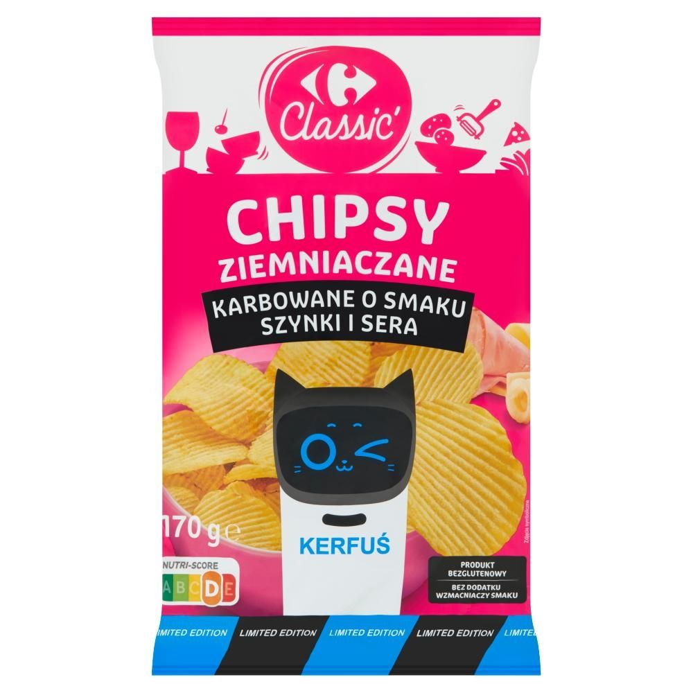 Carrefour Classic Chipsy ziemniaczane karbowane o smaku szynki i sera 170 g