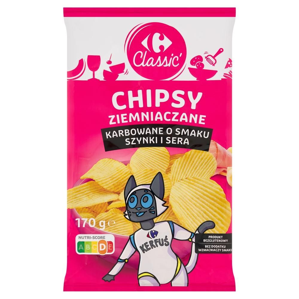 Carrefour Classic Chipsy ziemniaczane karbowane o smaku szynki i sera 170 g