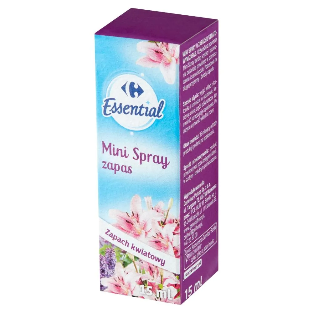 Carrefour Essential Mini Spray Odświeżacz zapas zapach kwiatowy 15 ml