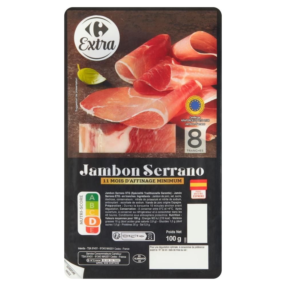 Carrefour Extra Jambon Serrano Szynka wieprzowa suszona w plastrach 100 g