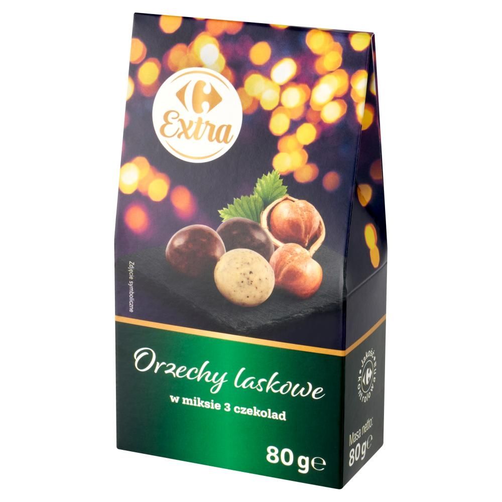 Carrefour Extra Orzechy laskowe w miksie 3 czekolad 80 g