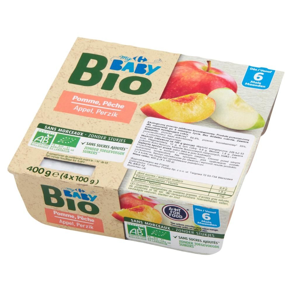 Carrefour my Baby Bio Ekologiczny przecier jabłkowo-brzoskwiniowy po 5. miesiącu 400 g (4 x 100 g)