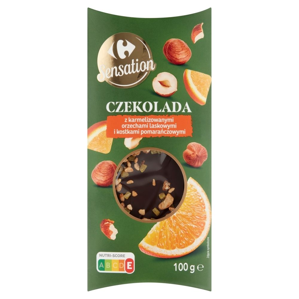 Carrefour Sensation Czekolada z karmelizowanymi orzechami laskowymi i kostkami pomarańczowymi 100 g