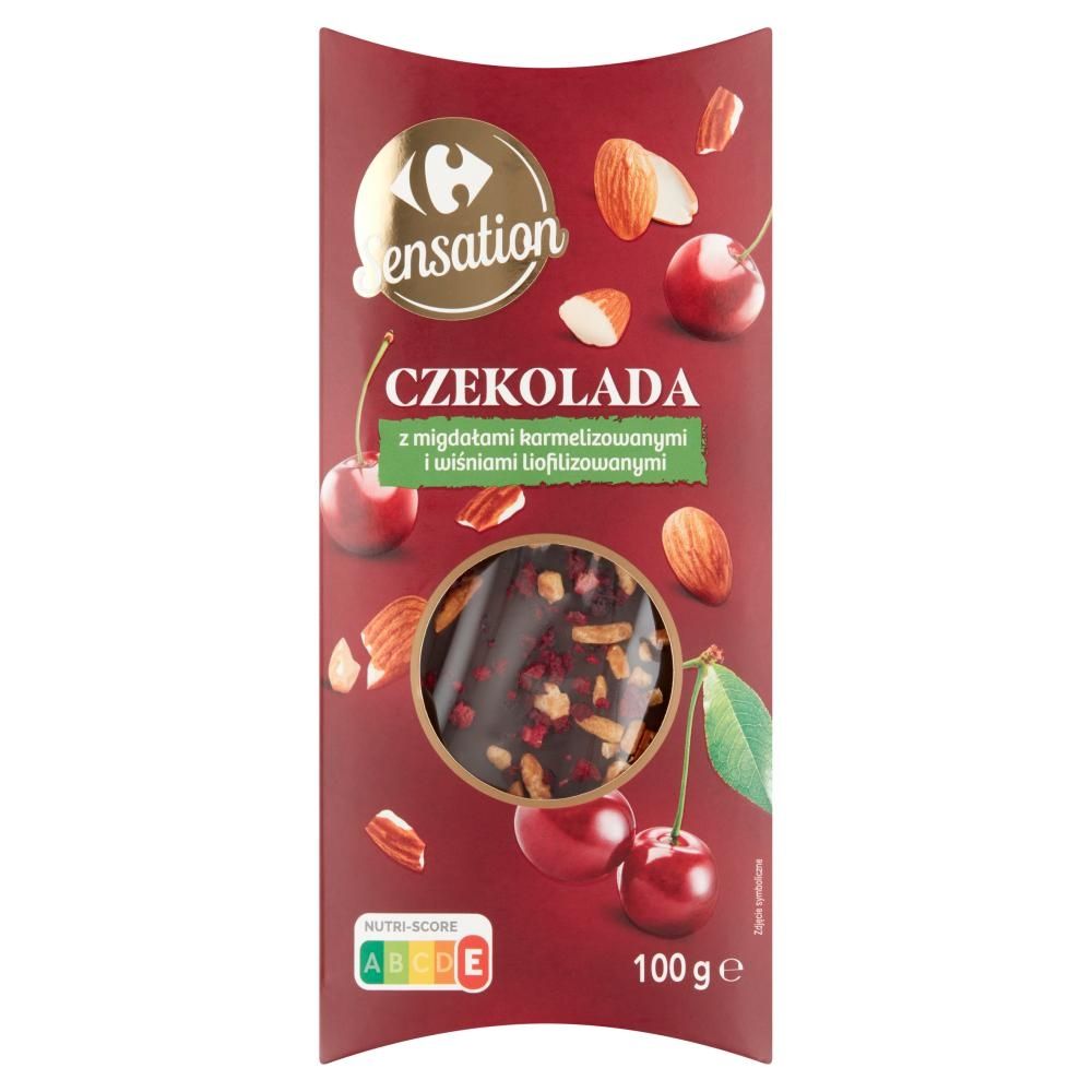 Carrefour Sensation Czekolada z migdałami karmelizowanymi i wiśniami liofilizowanymi 100 g