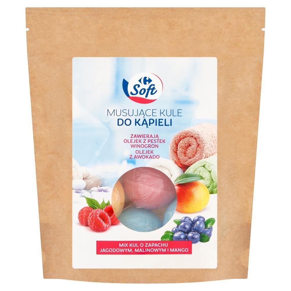 Carrefour Soft Musujące kule do kąpieli o zapachu jagodowym, malinowym i mango 300 g (6 szt. x 50 g)