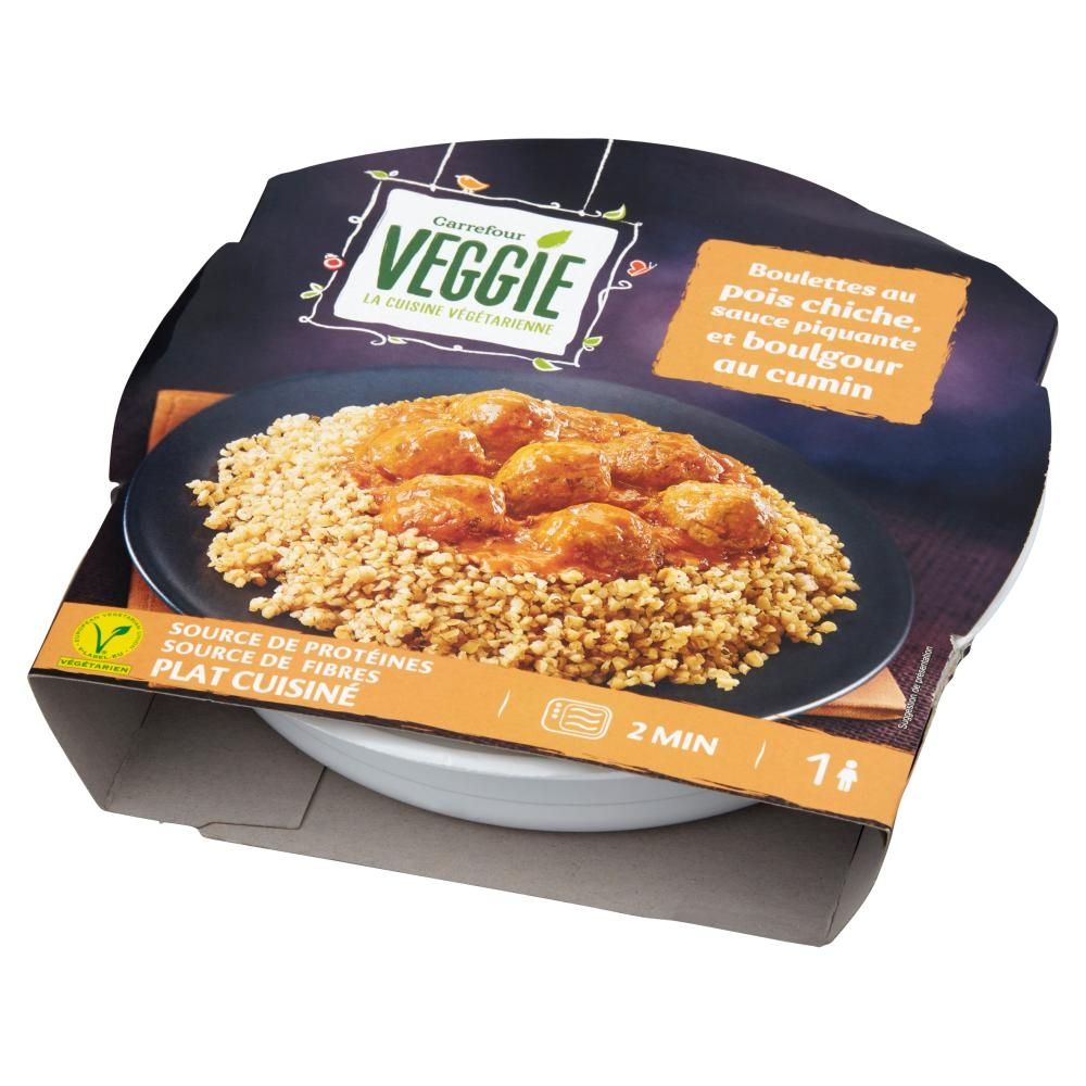 Carrefour Veggie Danie z kaszy bulgur z pikantnym sosem pomidorowym i klopsikami z ciecierzycy 300 g