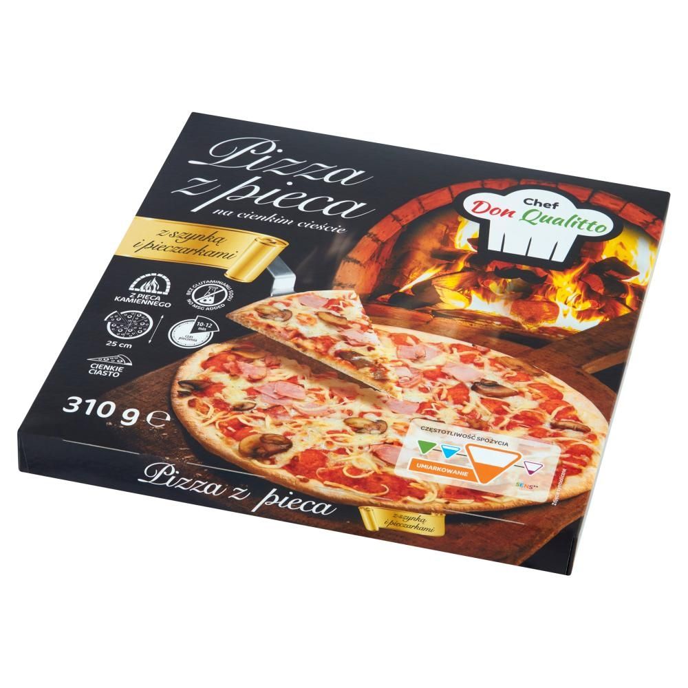 Chef Don Qualitto Pizza z pieca na cienkim cieście z szynką i pieczarkami 310 g