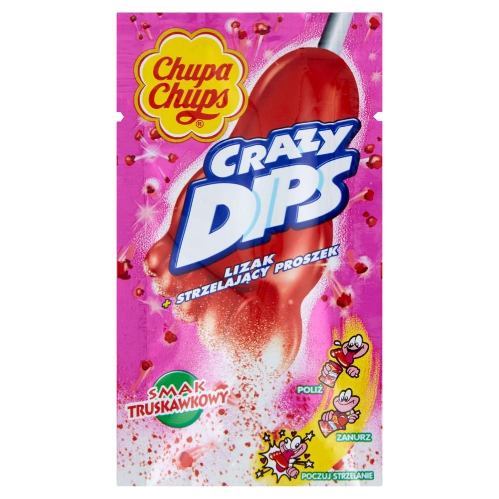 Chupa Chups Crazy Dips Lizak ze strzelającym proszkiem smak truskawkowy 14 g