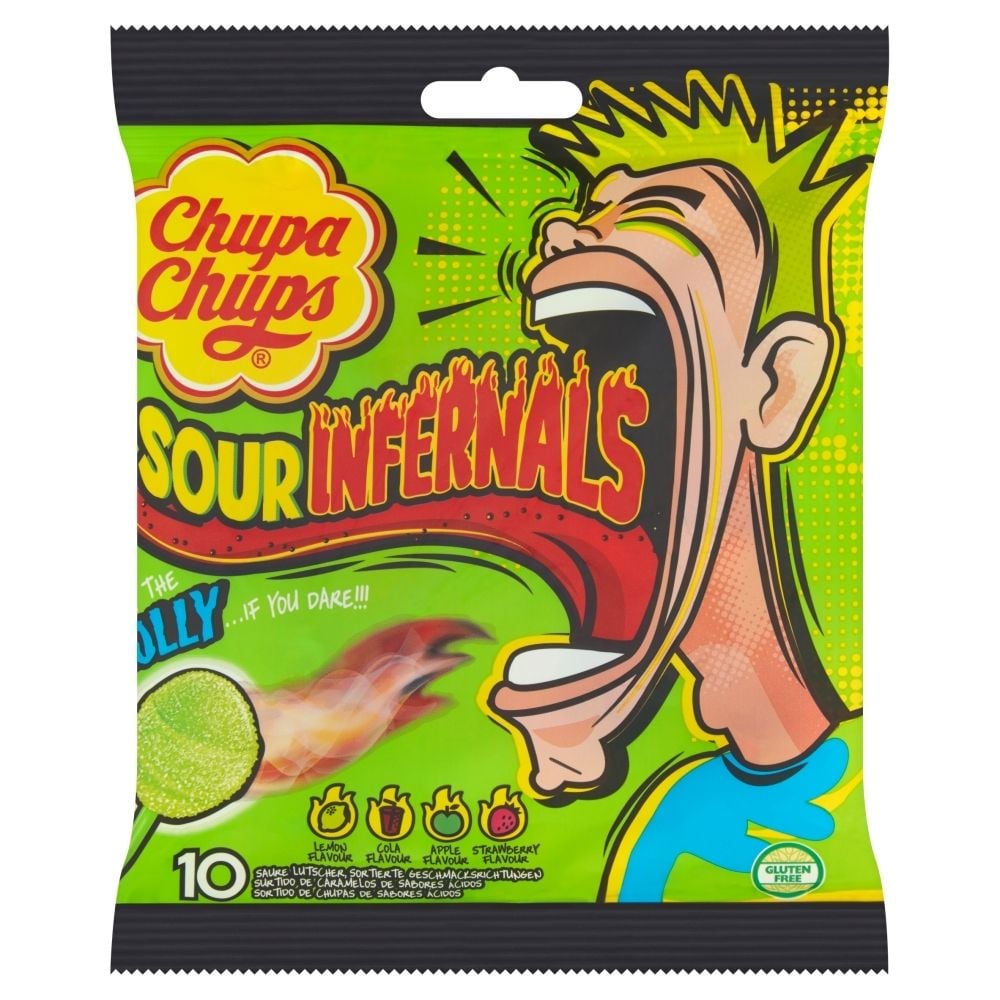 Chupa Chups Sour Infernals Kwaśne lizaki wielosmakowe 95 g (10 sztuk)