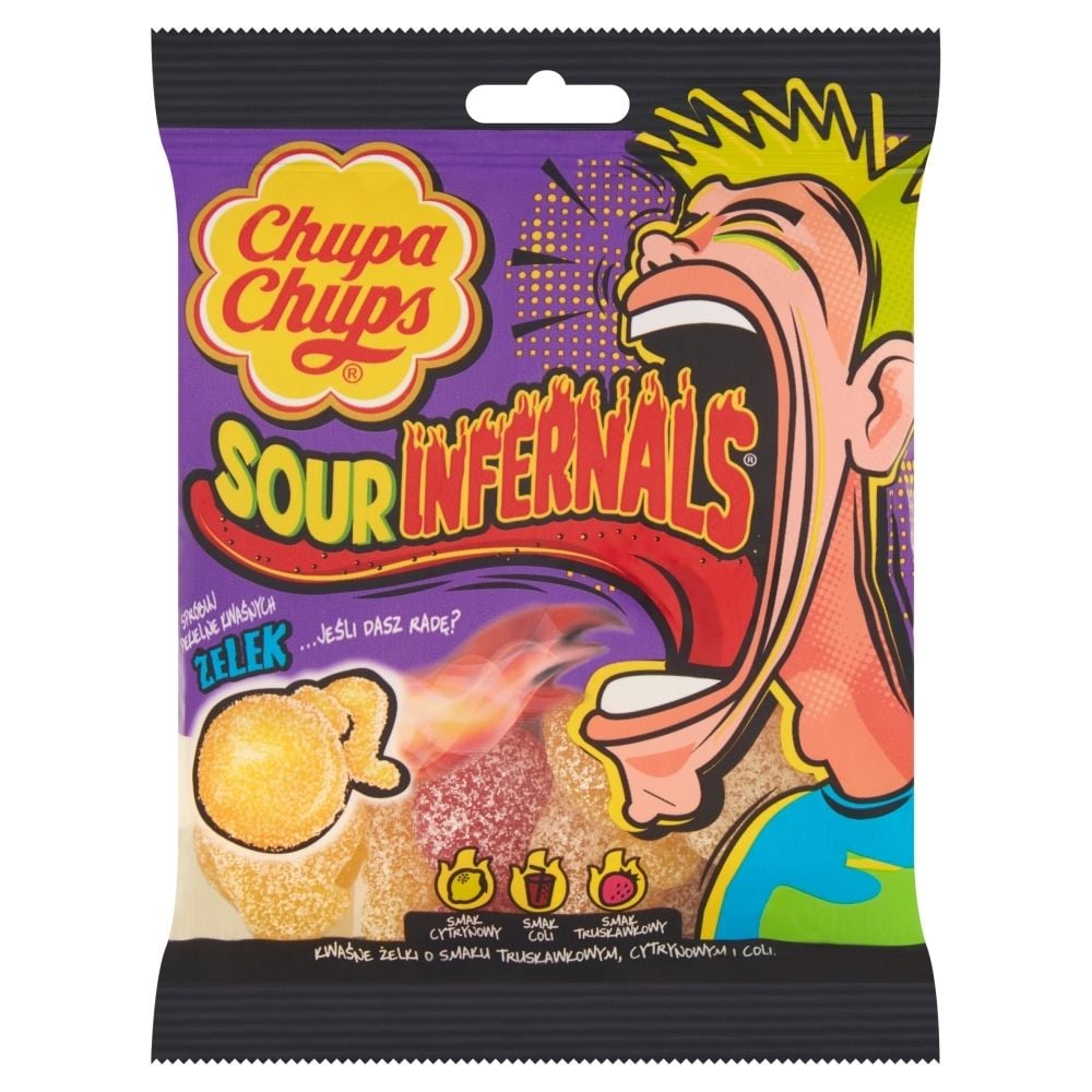 Chupa Chups Sour Infernals Kwaśne żelki o smaku truskawkowym cytrynowym i coli 90 g