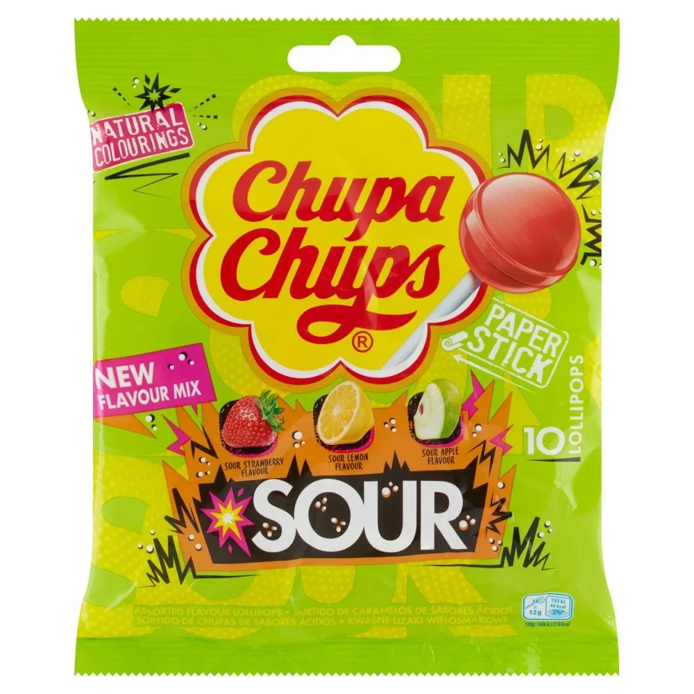 Chupa Chups Sour Kwaśne lizaki wielosmakowe 120 g (10 sztuk)