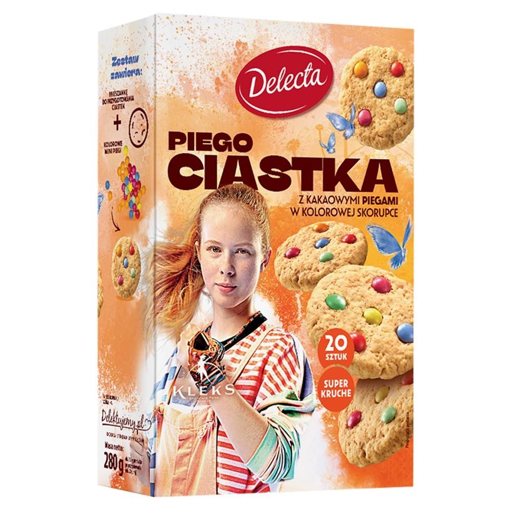 Delecta Piego ciastka z kakaowymi piegami w kolorowej skorupce mieszanka do wypieku ciastek 280 g