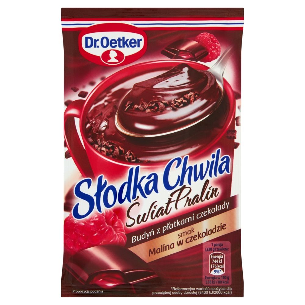 Dr. Oetker Słodka Chwila Świat Pralin Budyń z płatkami czekolady smak malina w czekoladzie 45 g