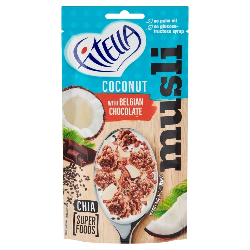 Fitella Musli chrupkie kokosowe z crunchy czekoladowymi i nasionami chia 50 g