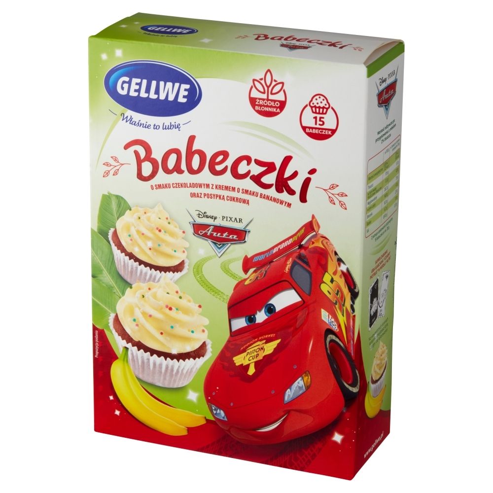 Gellwe Auta Babeczki o smaku czekoladowym z kremem bananowym oraz