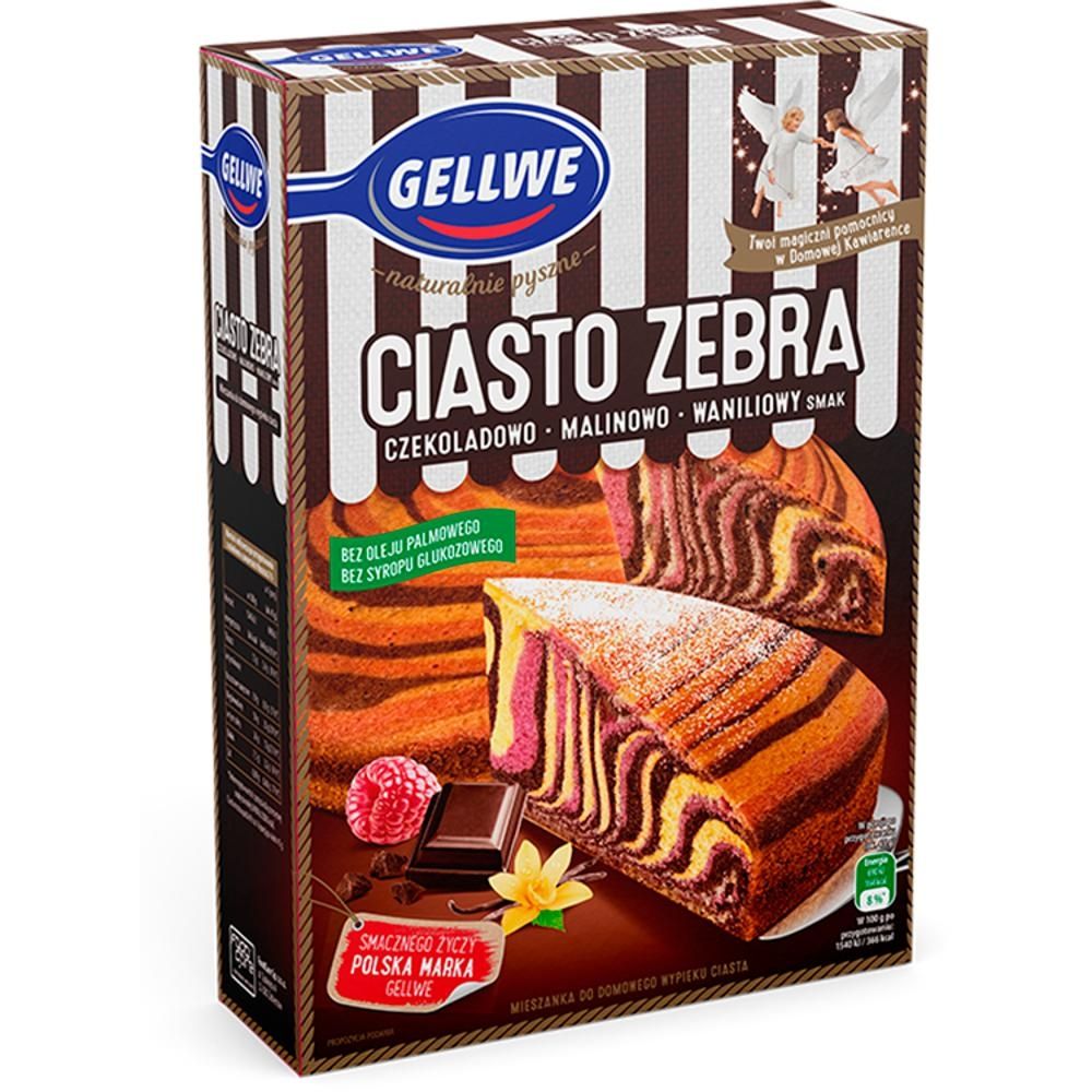 Gellwe Mieszanka do domowego wypieku ciasta ciasto zebra czekoladowo-malinowo-waniliowy smak 438 g