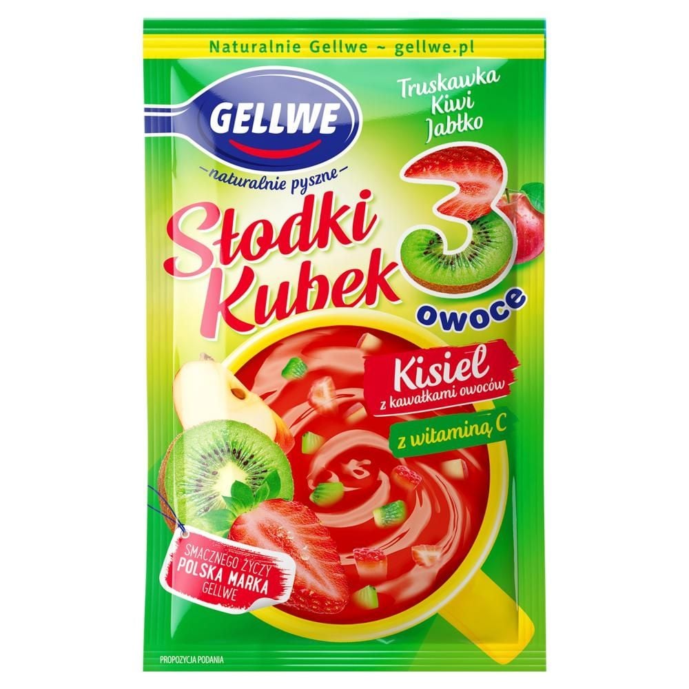 Gellwe Słodki Kubek 3 owoce Kisiel z kawałkami owoców truskawka kiwi jabłko 30 g