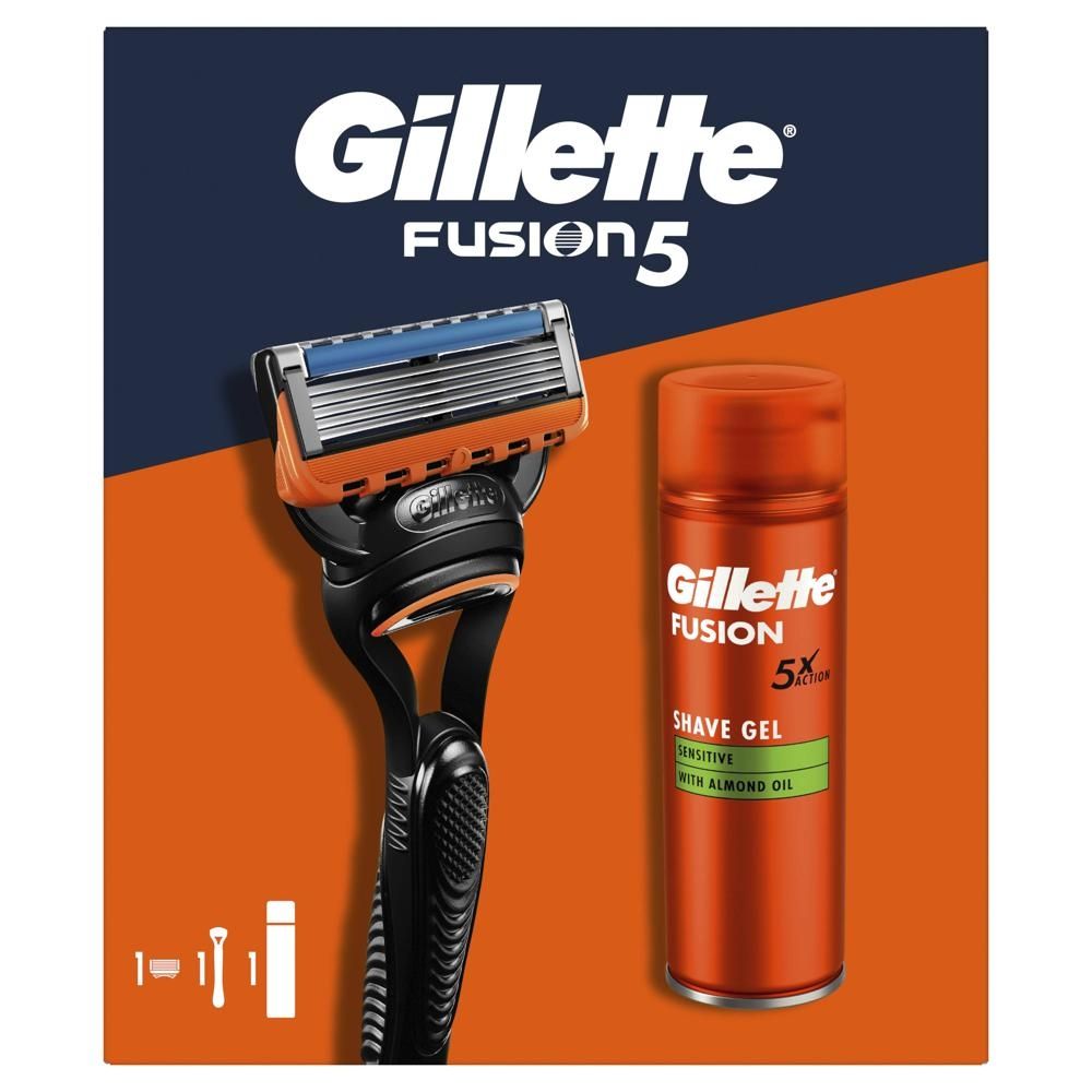 Gillette Zestaw podarunkowy maszynka Fusion + wymienne ostrza + żel Sensitive 200 ml