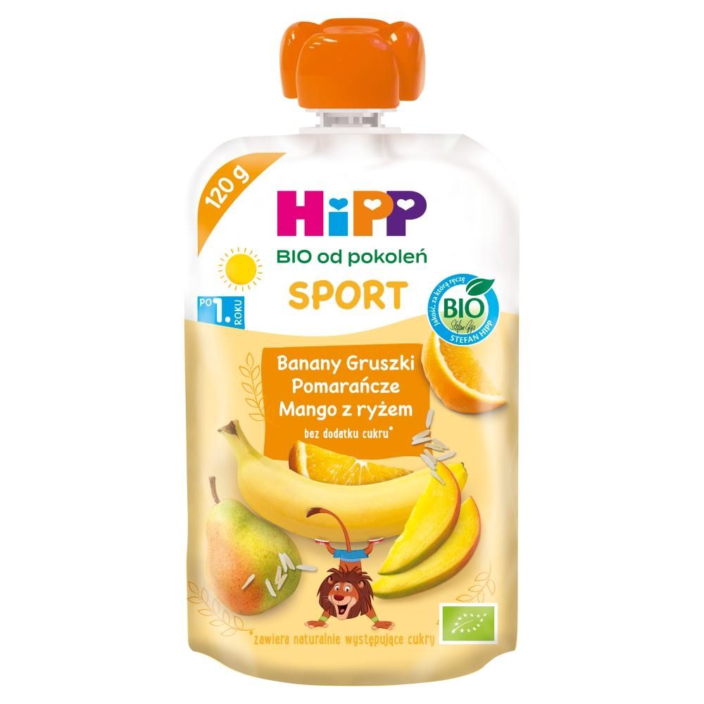 HiPP BIO Sport Mus owocowy banany gruszki pomarańcze mango z ryżem po 1. roku 120 g