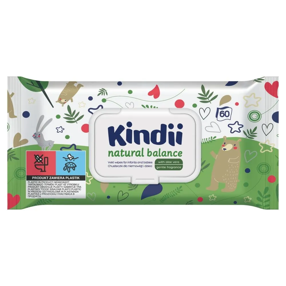 Kindii Natural Balance Chusteczki dla niemowląt i dzieci 60 sztuk