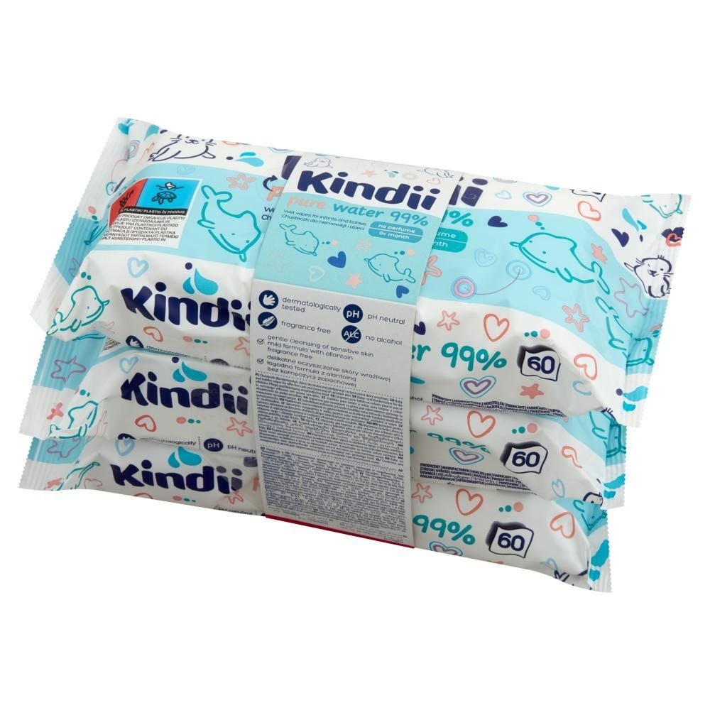 Kindii Pure Water 99 % Chusteczki dla niemowląt i dzieci 180 sztuk (3 x 60 sztuk)