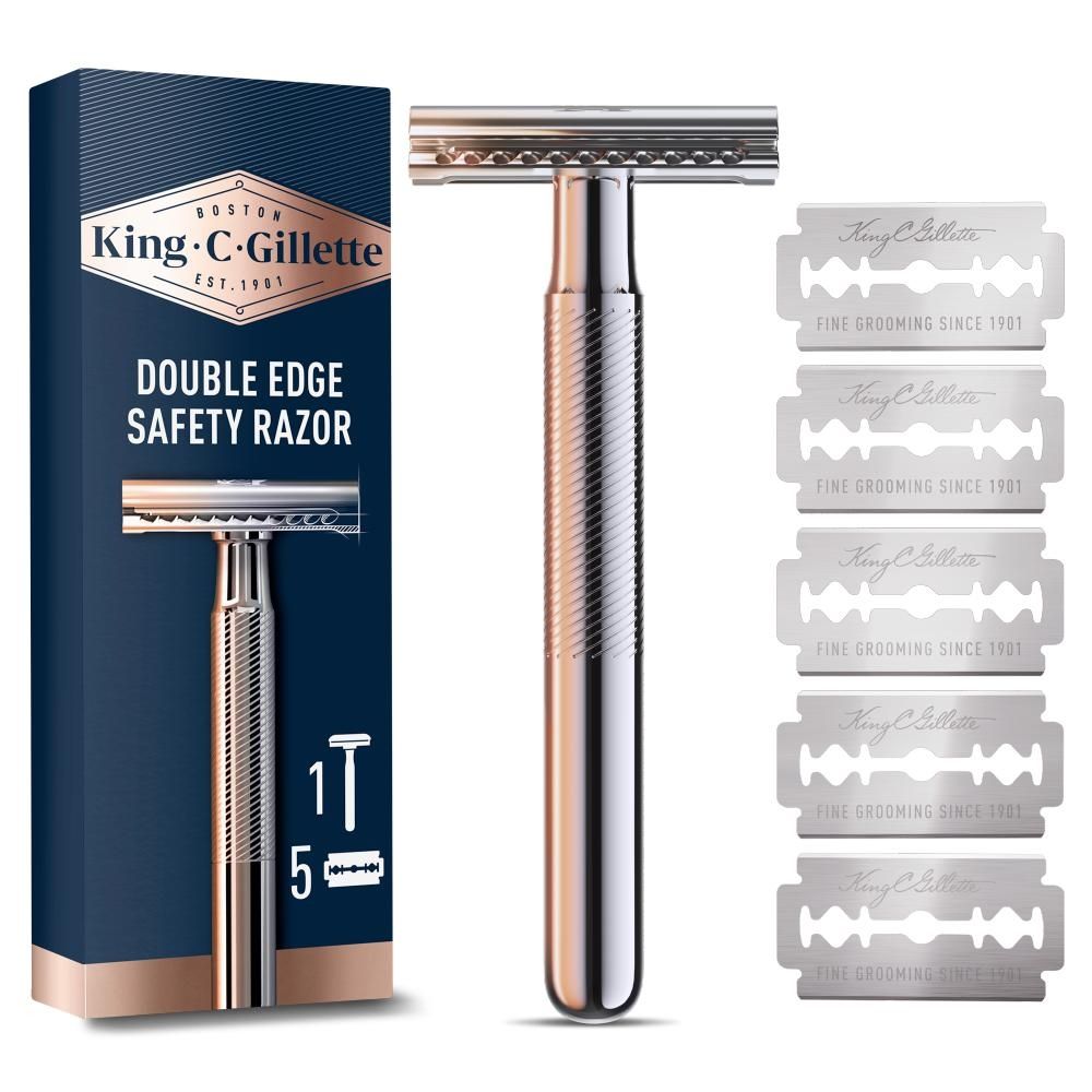 King C Gillette Double Edge Męska maszynka do golenia z trwałą metalową rączką, w zestawie 5 ostrzy