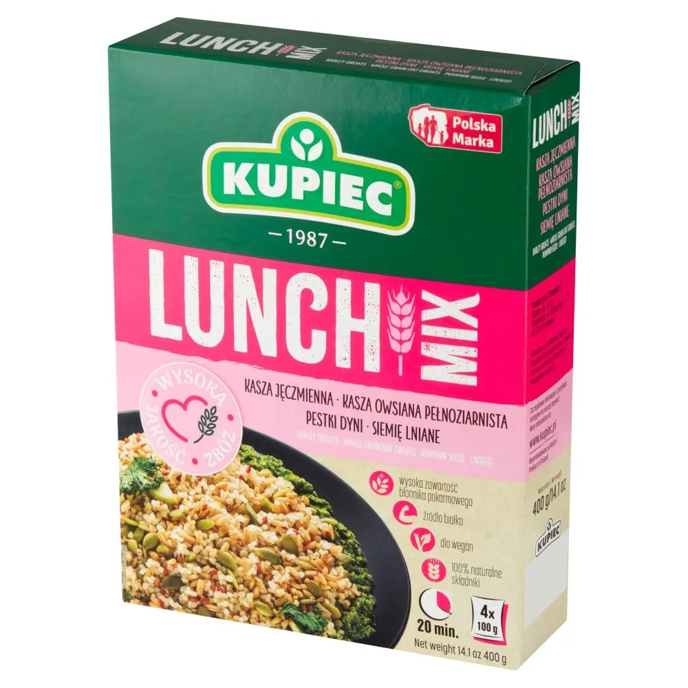 Kupiec Lunch Mix kasza jęczmienna kasza owsiana pestki dyni siemię lniane 400 g (4 x 100 g)