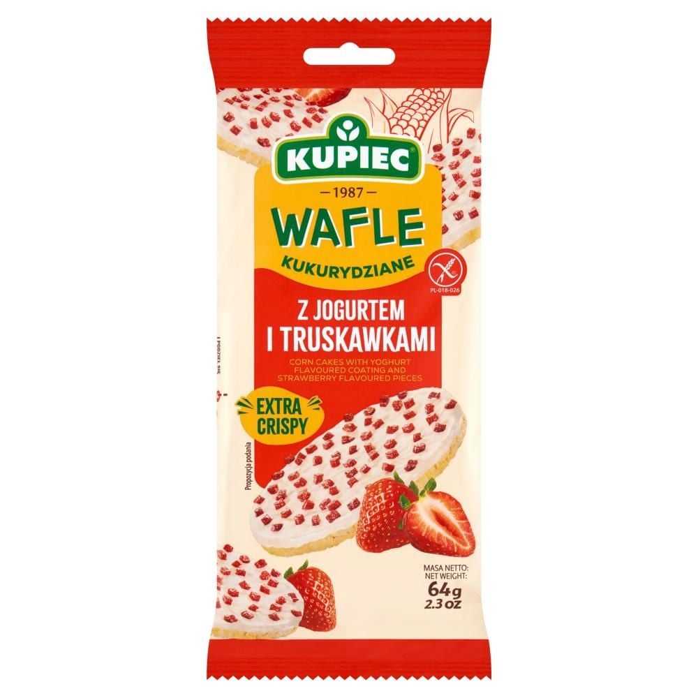 Kupiec Wafle kukurydziane z jogurtem i truskawkami 64 g (4 sztuki)