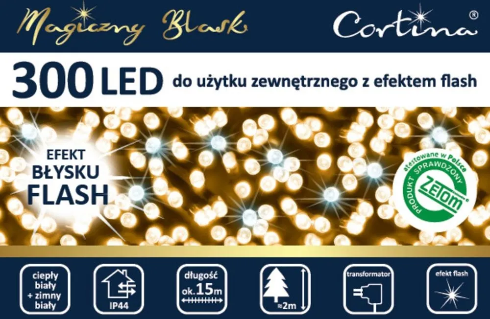 CORTINA LAMPKI LED 300L ZEWNĘTRZNE TRANSFORMATOR CIEPŁY BIAŁY + FLASH