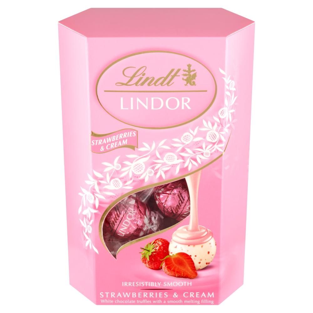 Lindt Lindor Pralinki z białej czekolady z kawałkami truskawek 200 g