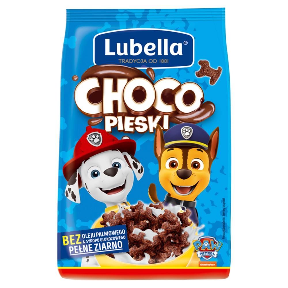 Lubella Choco pieski Zbożowe płatki śniadaniowe w kształcie piesków o smaku czekoladowym 500 g