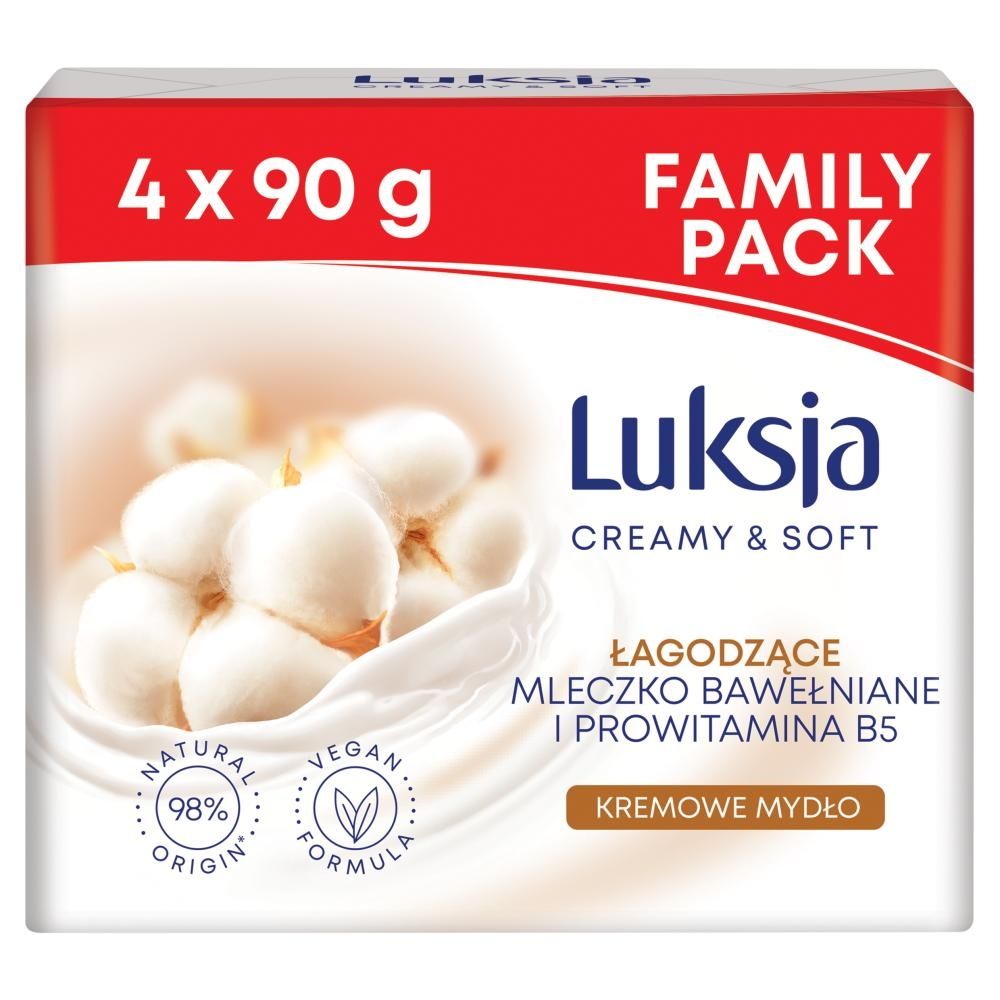 Luksja Creamy & Soft Kremowe mydło w kostce łagodzące mleczko bawełniane i prowitamina B5 4 x 90 g